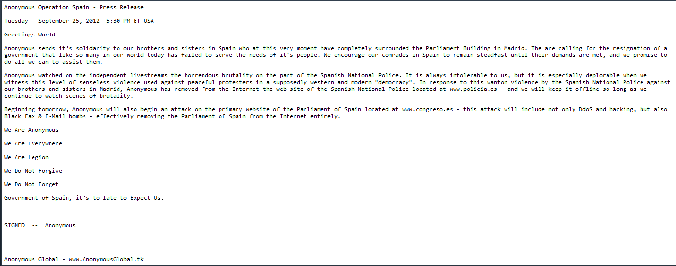 ESET España - anonymous se solidariza con el movimiento 25S y amenaza con atacar entidades españolas